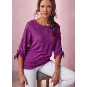 SOFT SURROUNDINGS elles top with ruched sleeve eyelet detail in purple size M